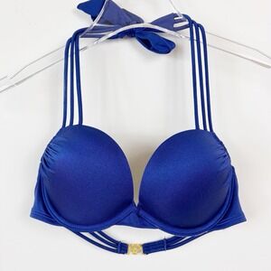 Victorias Secret Bikini Top 32B Bombshell Halter Adds 2 Cups Solid Blue VS Logo